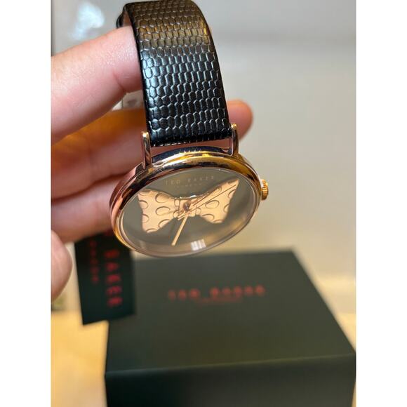 Ted Baker Phylipa Ladies Black Lizard Leather Strap Watch/Rose Gold Bow-Tie - Picture 16 of 16